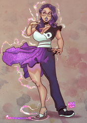 Size: 1074x1521 | Tagged: safe, artist:notzackforwork, imported from derpibooru, rarity, human, abstract background, big breasts, breasts, choker, cleavage, clothes, glasses, high heels, humanized, lipstick, male to female, mid-transformation, rule 63, shoes, skirt, transformation, transgender transformation