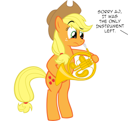 Size: 3183x3000 | Tagged: safe, artist:supermatt314, imported from derpibooru, applejack, earth pony, pony, female, french horn, horn, musical instrument, simple background, solo, standing on two hooves, transparent background
