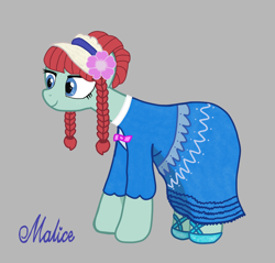 Size: 2300x2200 | Tagged: safe, artist:malice-may, imported from derpibooru, oc, oc only, oc:maretha geldhorn, earth pony, pony, blue eyes, clothes, dress, earth pony oc, female, flower, flower in hair, freckles, gray background, green fur, hat, pathfinder, red hair, redhead, reporter, shoes, simple background, solo, solo female
