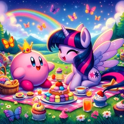 Size: 1024x1024 | Tagged: safe, artist:user15432, imported from derpibooru, twilight sparkle, alicorn, butterfly, pony, ai content, ai generated, alternate cutie mark, basket, cake, cherry, cloud, crossover, crown, cup, cupcake, eyes closed, flower, food, fruit, generator:bing image creator, generator:dall-e 3, jewelry, juice, kirby, kirby (series), mountain, open mouth, orange juice, picnic, picnic basket, picnic blanket, prompter:user15432, rainbow, regalia, stars, strawberry, tea, teacup, tree, twilight sparkle (alicorn)
