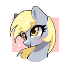 Size: 2037x1918 | Tagged: safe, artist:bizarre_pony, imported from derpibooru, derpy hooves, pegasus, pony, :p, abstract background, blushing, bust, cute, derpabetes, female, heart, mare, portrait, simple background, solo, tongue out, white background