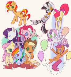 Size: 1966x2120 | Tagged: safe, artist:nimingxiwang168, imported from derpibooru, apple bloom, applejack, fluttershy, pinkie pie, rainbow dash, rarity, scootaloo, sunset shimmer, sweetie belle, twilight sparkle, zecora, earth pony, pegasus, pony, unicorn, zebra, balloon, cutie mark crusaders, female, filly, foal, horn, mane six, mare, simple background, white background