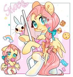 Size: 1369x1440 | Tagged: safe, artist:modidechaojifensi, imported from derpibooru, angel bunny, fluttershy, pegasus, pony, rabbit, :3, abstract background, alternate hairstyle, animal, bipedal, blushing, bowtie, candy, clothes, cookie, eye clipping through hair, female, food, lollipop, mare, shirt, socks, text