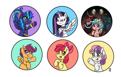 Size: 3000x1920 | Tagged: safe, artist:dawn-designs-art, imported from derpibooru, apple bloom, cozy glow, grogar, lord tirek, princess celestia, princess luna, queen chrysalis, scootaloo, sweetie belle, alicorn, centaur, changeling, changeling queen, earth pony, pegasus, pony, taur, unicorn, 80s princess luna, badge, chrysalislover, circle, collar, cutie mark crusaders, female, filly, foal, group, horn, legion of doom, mare, punklestia, simple background, spiked collar, white background