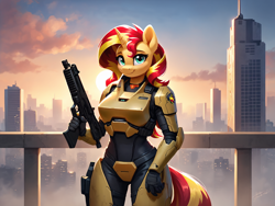 Size: 2048x1536 | Tagged: safe, imported from derpibooru, sunset shimmer, anthro, ai content, ai generated, armor, city, cityscape, generator:pony diffusion v6 xl, generator:stable diffusion, gun, halo series, looking at you, power armor, prompter:demose, solo, weapon