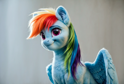 Size: 2432x1664 | Tagged: safe, derpibooru exclusive, imported from derpibooru, rainbow dash, pegasus, pony, ai content, ai generated, bust, chest fluff, ear fluff, fluffy, generator:pony diffusion v6 xl, generator:stable diffusion, photorealistic, portrait, prompter:greenvoid, solo