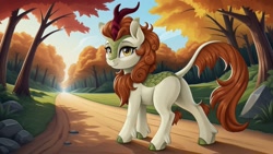 Size: 2560x1440 | Tagged: safe, imported from derpibooru, autumn blaze, kirin, ai content, ai generated, blazebutt, butt, dirt road, female, forest, generator:autismmix confetti, grass, looking at you, looking back, looking back at you, nature, plot, prompter:siber, rear view, rock, scenery, smiling, smiling at you, solo, tree, walking, wallpaper