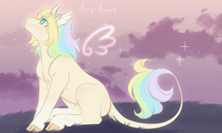 Size: 2000x1200 | Tagged: safe, artist:acry-artwork, imported from derpibooru, oc, oc only, oc:acry, oc:acry weaver, original species, pony, unicorn, cloud, cloven hooves, curved horn, grass, horn, sitting, solo