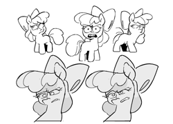 Size: 1952x1405 | Tagged: safe, artist:kyssimmee, imported from derpibooru, apple bloom, earth pony, pony, bow, doodle dump, expressions, eyebrows, eyebrows visible through hair, female, filly, foal, frown, grayscale, hair bow, missing cutie mark, monochrome, narrowed eyes, no catchlights, open frown, raised eyebrow, shrunken pupils, simple background, solo, teeth, white background