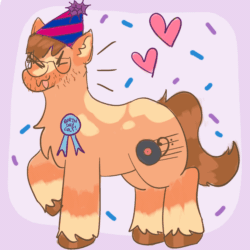 Size: 1920x1920 | Tagged: safe, artist:clandestine, derpibooru exclusive, imported from derpibooru, earth pony, pony, animated, badge, beard, birthday, blaze (coat marking), brown hooves, brown mane, brown tail, coat markings, colored pinnae, confetti, emanata, eyes closed, facial hair, facial markings, fall out boy, floating heart, gif, glasses, hat, heart, hoofy-kicks, open mouth, open smile, orange coat, party hat, patrick stump, ponified, purple background, ribbon, simple background, smiling, solo, spots, stimming, stubble, tail, unshorn fetlocks