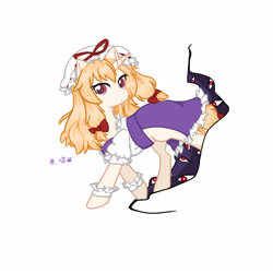 Size: 2480x2480 | Tagged: safe, artist:fish_meow, imported from derpibooru, pony, unicorn, bow, clothes, dress, female, hat, horn, looking at you, mare, ponified, simple background, smiling, solo, touhou, white background, yakumo yukari