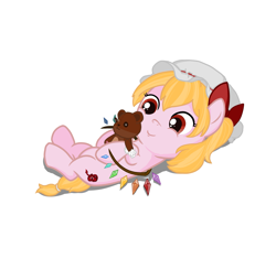 Size: 2377x2318 | Tagged: safe, artist:fish_meow, imported from derpibooru, pony, female, filly, flandre scarlet, foal, hat, plushie, ponified, simple background, solo, teddy bear, touhou, white background