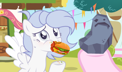 Size: 1280x762 | Tagged: safe, artist:vi45, imported from derpibooru, oc, oc:white star, pegasus, pony, female, food, mare, rock doll, sandwich, solo, weird rock