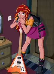 Size: 1482x2048 | Tagged: safe, artist:ashleysponies, imported from derpibooru, sunset shimmer, human, equestria girls, carpet, clothes, electric guitar, female, green eyes, guitar, human coloration, light switch, lighting, looking at you, mirror, musical instrument, room, shading, shirt, shoes, skirt, solo, two toned hair, vest