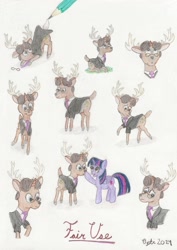 Size: 1203x1702 | Tagged: safe, artist:opti, imported from derpibooru, twilight sparkle, oc, oc:fair use, alicorn, deer, deer pony, hybrid, original species, pony, antlers, boop, cloven hooves, deer oc, drawing, glasses, looking up, necktie, non-pony oc, pencil, sitting, sketch, traditional art, twilight sparkle (alicorn)