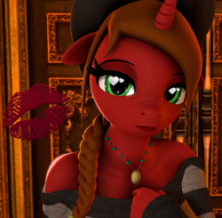 Size: 777x761 | Tagged: safe, artist:alcohors, imported from derpibooru, oc, oc only, oc:essy ferguson, anthro, unicorn, 3d, clothes, female, hat, horn, kiss mark, lipstick, mare, solo, sweater