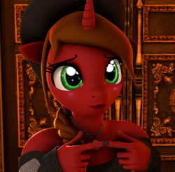 Size: 777x761 | Tagged: safe, artist:alcohors, imported from derpibooru, oc, oc only, oc:essy ferguson, anthro, unicorn, 3d, brown mane, clothes, female, fingers together, green eyes, hat, horn, is for me, mare, red coat, solo, starry eyes, sweater, wingding eyes