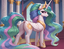 Size: 2240x1728 | Tagged: safe, imported from derpibooru, princess celestia, alicorn, pony, ai content, ai generated, annoyed, anonymous prompter, butt, dock, featureless crotch, female, generator:pony diffusion v6 xl, generator:stable diffusion, looking at you, looking back, looking back at you, mare, plot, rear view, sunbutt, tail, unamused