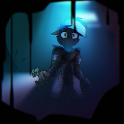 Size: 2100x2100 | Tagged: safe, artist:deafjaeger, imported from derpibooru, oc, oc only, oc:toothy horizon, anthro, dragon, hybrid, pony, armor, bipedal, blood, dead space, flashlight (object), floppy ears, looking at you, plasma cutter, scared, solo, standing on two hooves, surprised