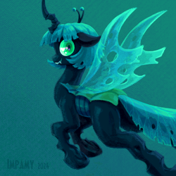Size: 1000x1000 | Tagged: safe, artist:impamy, imported from derpibooru, oc, oc only, oc:changeling filly anon, changeling, changeling queen, changeling oc, changeling queen oc, dithering, fangs, female, flying, gradient background, horn, insect wings, looking at you, looking back, mare, slit pupils, smiling, smiling at you, solo, tail, teeth, wings