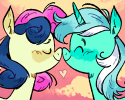 Size: 1350x1080 | Tagged: safe, alternate version, artist:batzy-artz, imported from derpibooru, bon bon, lyra heartstrings, sweetie drops, earth pony, pony, unicorn, boop, bust, close-up, duo, eyes closed, female, heart, horn, lesbian, lyrabon, noseboop, nuzzling, shipping, smiling