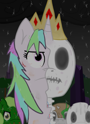 Size: 819x1120 | Tagged: safe, imported from derpibooru, oc, oc:cake sparkle, pony, undead, unicorn, zombie, zombie pony, adventure time, blood, bloodshot eyes, bone, crown, crystal empire, horn, jewelry, litch queen, regalia, skeleton, snow