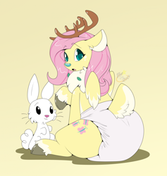 Size: 1868x1972 | Tagged: safe, artist:maynara, imported from derpibooru, angel bunny, fluttershy, deer, rabbit, reindeer, animal, antlers, butt, butt focus, chest fluff, cloven hooves, deerified, diaper, diaper butt, diaper fetish, ear fluff, female, fetish, gradient background, looking back, mare, non-baby in diaper, poofy diaper, raised hoof, rear view, reindeer antlers, reindeerified, simple background, sitting, solo, species swap, tail, tail fluff, unshorn fetlocks, yellow background