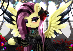 Size: 2600x1800 | Tagged: safe, artist:darksly, imported from derpibooru, angel bunny, fluttershy, pegasus, pony, architecture, brooch, cathedral, clothes, colored wings, complex background, dress, dyed hair, ear piercing, eye lashes, eyeliner, eyeshadow, flower, flower in hair, fluttergoth, frown, gothic, green eyes, highlights, jewelry, lace, lidded eyes, light source, makeup, mesh, piercing, purple eyeshadow, raised hoof, sneer, solo, spread wings, two toned mane, two toned wings, wings