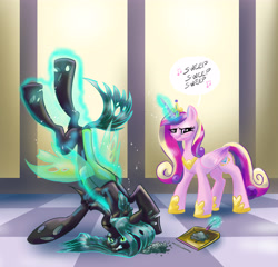 Size: 4960x4768 | Tagged: safe, artist:lytlethelemur, imported from derpibooru, princess cadance, queen chrysalis, twilight sparkle, alicorn, changeling, changeling queen, pony, abuse, broom, butt, chrysabuse, concave belly, duo, dustpan, featureless crotch, female, lanky, magic, mare, physique difference, plot, punish the villain, queen chrysalis is not amused, skinny, slender, sweeping, sweepsweepsweep, tall, telekinesis, thin, unamused