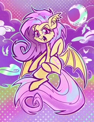 Size: 1582x2048 | Tagged: safe, artist:sophillia, imported from derpibooru, fluttershy, bat, bat pony, pegasus, pony, bat cutie mark, bat ears, bat eyes, bat ponified, cloud, colorful background, fangs, flutterbat, flying, looking at you, messy mane, moon, neon, open mouth, pink eyes, pink mane, race swap, solo, sparkles, spread wings, wings, yellow coat