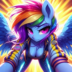 Size: 1024x1024 | Tagged: safe, imported from derpibooru, rainbow dash, anthro, ai content, ai generated, blushing, breasts, clothes, eyebrows, female, generator:dall-e 3, jacket, leaning forward, leggings, looking at you, prompter:glimmy-glam, raised eyebrow, selfie, smiling, smirk, solo, spread wings, wings
