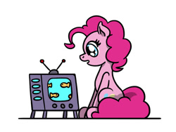 Size: 800x600 | Tagged: safe, artist:flutterluv, imported from derpibooru, pinkie pie, earth pony, fish, pony, cute, diapinkes, female, mare, simple background, sitting, solo, television, white background