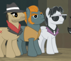 Size: 656x561 | Tagged: safe, imported from derpibooru, screencap, biff, withers, earth pony, pony, daring doubt, animated, clothes, hat, henchmen, male, nodding, rogue (g4), stallion, sunglasses, trio, trio male
