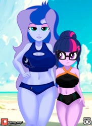 Size: 728x1000 | Tagged: safe, alternate version, artist:minusclass, imported from derpibooru, princess luna, sci-twi, twilight sparkle, human, equestria girls, 2d, bangs, beach, belly button, big breasts, bikini, bikini bottom, bikini top, boob window, breasts, busty princess luna, busty sci-twi, busty twilight sparkle, cleavage, clothes, cloud, eyeshadow, female, glasses, hair bun, hairclip, hand on hip, height difference, legs, legs together, lipstick, makeup, midriff, ocean, outdoors, patreon, patreon logo, sand, sideburns, sky, sleeveless, smiling, swimsuit, thighs, vice principal luna, water, wide hips