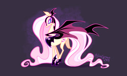 Size: 2048x1228 | Tagged: safe, artist:janegumball, imported from derpibooru, fluttershy, bat pony, pony, abstract background, alternate cutie mark, alternate design, alternate eye color, alternate universe, armor, bags under eyes, bat ponified, bite mark, blue sclera, colored eyelashes, colored pupils, colored sclera, colored wings, eternal night au (janegumball), ethereal mane, ethereal tail, fangs, female, flutterbat, frown, helmet, large wings, long legs, long mane, long neck, long tail, mare, narrowed eyes, nightmare fluttershy, nightmarified, partially open wings, peytral, pink eyes, pink mane, pink tail, profile, race swap, signature, slit pupils, solo, standing, tail, tall ears, tallershy, teal sclera, thin legs, two toned wings, wavy mane, wavy tail, wings, yellow coat