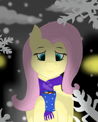 Size: 4000x5000 | Tagged: safe, artist:windy, imported from derpibooru, fluttershy, pegasus, pony, chocolate, clothes, cute, food, holding, hot chocolate, looking down, marshmallow, night, scarf, snow, snowfall, snowflake, solo, winter