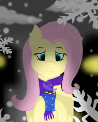 Size: 4000x5000 | Tagged: safe, artist:windy, imported from derpibooru, fluttershy, mouse, pegasus, pony, chocolate, clothes, cute, food, holding, hot chocolate, looking down, marshmallow, night, scarf, snow, snowfall, snowflake, solo, winter