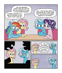 Size: 1102x1280 | Tagged: safe, artist:horsewizardart, imported from derpibooru, fluttershy, rainbow dash, starlight glimmer, trixie, pegasus, pony, unicorn, argument, awkward, awkward moment, bags under eyes, colored, crossed hooves, double date, eye clipping through hair, eyebrows, eyebrows visible through hair, eyelashes, false advertising, female, flat colors, flutterdash, folded wings, frown, funny, halftone, horn, implied lawsuit, indoors, kangaroo jack, lesbian, looking at each other, looking at someone, mare, open mouth, raised hoof, rant, shipping, signature, sitting, smiling, speech bubble, startrix, talking, text, wings