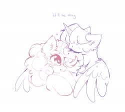 Size: 2368x2122 | Tagged: safe, artist:mirtash, imported from derpibooru, pinkie pie, twilight sparkle, alicorn, earth pony, pony, big ears, big eyes, blushing, comfort, comforting, curly mane, ear fluff, eyes closed, female, floating heart, heart, height difference, horn, hug, lesbian, limited palette, looking up, mare, profile, purple text, raised hooves, shipping, simple background, smiling, sparkly eyes, starry eyes, straight mane, text, twilight sparkle (alicorn), twinkie, unicorn horn, white background, wing fluff, wingding eyes, winghug, wings