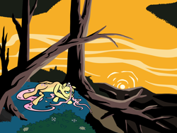 Size: 3200x2400 | Tagged: safe, artist:mafon, imported from derpibooru, fluttershy, pegasus, pony, female, forest, lying down, mare, nature, prone, solo, sunset, tree