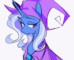 Size: 1280x1041 | Tagged: artist needed, source needed, useless source url, safe, imported from derpibooru, trixie, pony, unicorn, blue coat, blushing, eyebrows, eyebrows visible through hair, horn, simple background, solo
