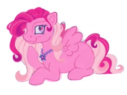 Size: 1337x1001 | Tagged: safe, artist:partyponypower, imported from derpibooru, hidden treasure, pegasus, pony, curly mane, curly tail, eyelashes, female, g3, jewelry, long mane, long tail, looking back, lying down, mare, missing cutie mark, necklace, pink coat, pink eyes, pink mane, pink tail, profile, prone, raised hoof, simple background, small wings, smiling, spread wings, starry eyes, tail, two toned mane, two toned tail, white background, wingding eyes, wings