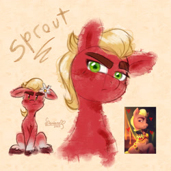 Size: 1916x1908 | Tagged: safe, artist:soniana_draws, imported from derpibooru, sprout cloverleaf, earth pony, bust, cute, emperor sprout, flower, flower in hair, g5, male, malewife, portrait, solo, sproutbetes, stallion, unshorn fetlocks