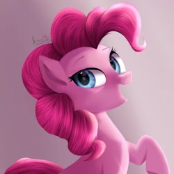 Size: 1600x1600 | Tagged: safe, artist:jxxnxmlp, imported from derpibooru, pinkie pie, earth pony, pony, female, gradient background, mare, open mouth, open smile, pink background, signature, simple background, smiling, solo