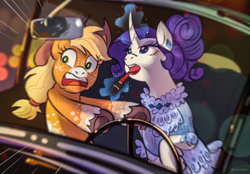 Size: 2048x1423 | Tagged: safe, artist:churrokat, imported from derpibooru, applejack, rarity, earth pony, pony, unicorn, alternate design, alternate hairstyle, applejack's hat, applying makeup, blonde mane, blue dress, blue eyes, body freckles, car, clothes, coat markings, colored fetlocks, colored hooves, colored muzzle, cowboy hat, curly mane, curved horn, detailed background, dress, driving, duo, duo female, ear piercing, earring, eyelashes, eyeshadow, female, freckles, frilly dress, glowing, glowing horn, gown, hat, hoof hold, horn, imminent crash, jewelry, leg fluff, leg freckles, lesbian, lidded eyes, lipstick, looking at something, looking up, magic, makeup, mare, meme, meme redraw, motion blur, open mouth, piercing, ponified meme, ponytail, purple mane, raised hoof, rarijack, redesign, redraw, shipping, shrunken pupils, signature, socks (coat markings), sparkly dress, teeth, telekinesis, this will end in pain and/or death, tied mane, underhoof, unicorn horn, unshorn fetlocks, wall of tags, white coat, wingding eyes
