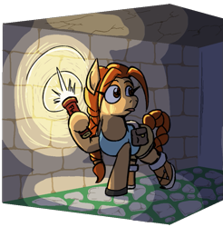 Size: 835x849 | Tagged: safe, artist:jargon scott, imported from derpibooru, earth pony, pony, female, flare, hoof hold, lara croft, mare, ponified, solo, tomb raider, tunnel, turned head
