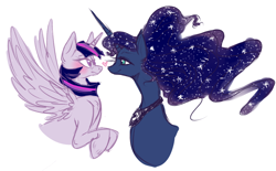 Size: 1362x845 | Tagged: safe, artist:hedgepods, imported from derpibooru, princess luna, twilight sparkle, alicorn, pony, blushing, bust, colored sketch, female, heart, lesbian, looking at each other, looking at someone, mare, shipping, simple background, sketch, spread wings, twilight sparkle (alicorn), twiluna, white background, wings