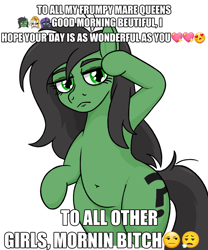Size: 1125x1353 | Tagged: safe, artist:jargon scott, imported from derpibooru, oc, oc only, oc:anon-mare, oc:dyx, oc:nyx, alicorn, earth pony, pony, belly, belly button, bipedal, emoji, female, frown, lidded eyes, mare, simple background, solo, text, vulgar, white background