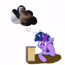 Size: 600x600 | Tagged: safe, artist:skylinepony_, imported from derpibooru, twilight sparkle, cat, pony, unicorn, animated, book, chipi chipi chapa chapa, cute, female, gif, horn, irl, mare, photo, simple background, smiling, solo, thinking, white background