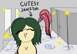 Size: 2500x1750 | Tagged: safe, artist:allhallowsboon, imported from derpibooru, oc, oc only, oc:myrtle remedy, earth pony, pony, ^^, bathroom, bathroom stall, clean, cleaning, cream coat, earth pony oc, english, eyes closed, female, female focus, floppy ears, green mane, happy, looking at you, mare, mop, smiling, solo, solo focus, text, working